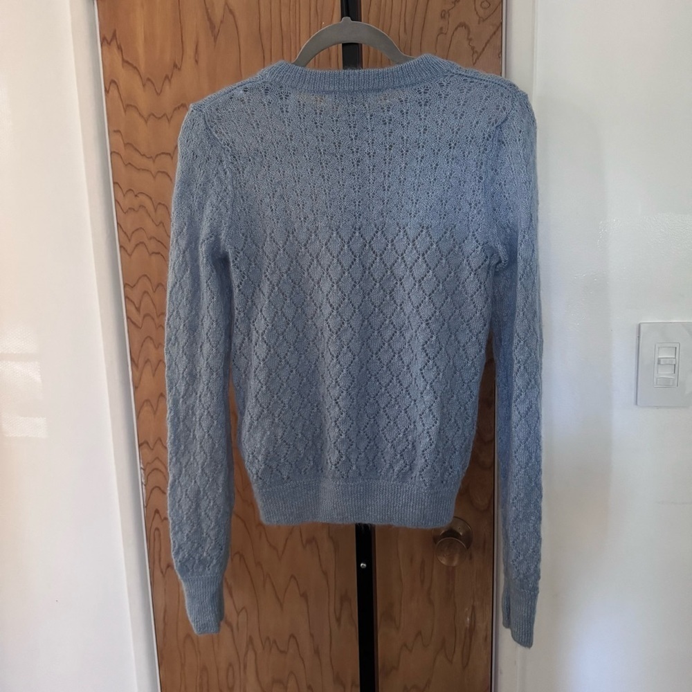 Sandro Pointelle Decorative Mohair Silk Blue open Knit sweater size small - Picture 9 of 10